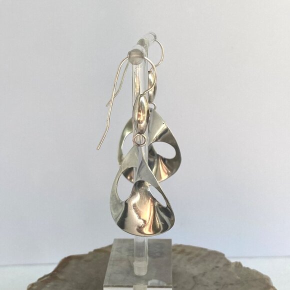 Sterling Silver 925 Artisan Modernist Style Infinity Disc Dangle Drop Earrings - Picture 8 of 16